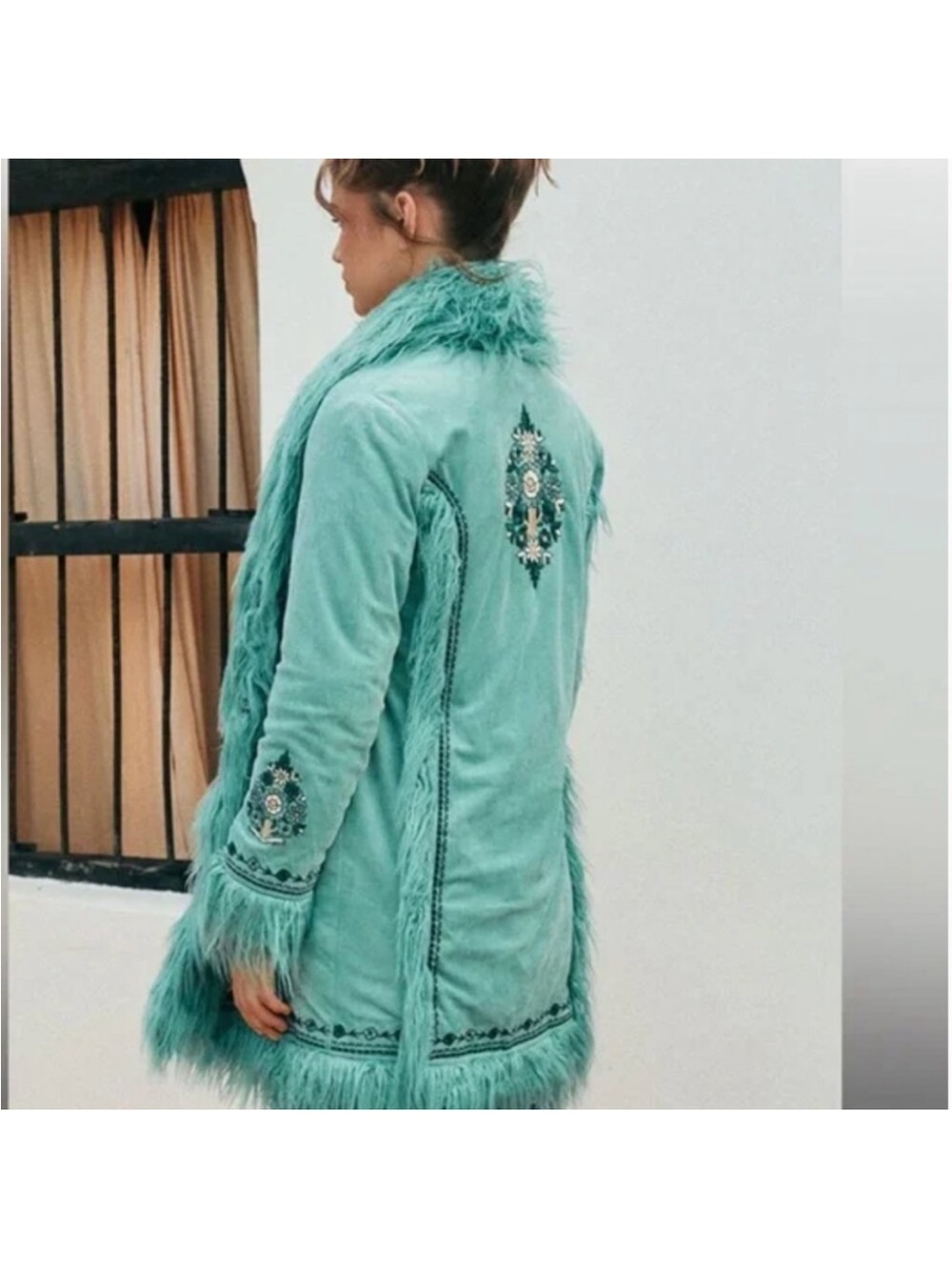 Spell Turquoise Embroidered Teddy Coat with Faux Fur Trim